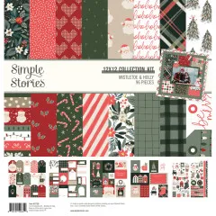 Verpackung des Simple Stories 12x12 Collection Kits Mistletoe & Holly mit Übersicht aller Designpapiere in Rot, Grün und Beige sowie Sticker-Bogen