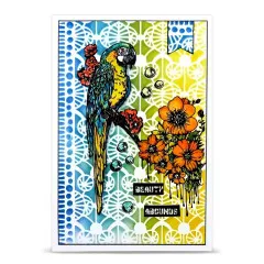 Mix-Media-Karte in Blau und Gelb mit koloriertem Papagei und Blumen
