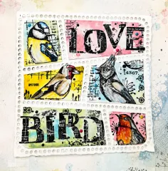 Mixed Media Collage mit mehreren Vogeldarstellungen und dem Schriftzug Love Bird