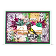 Farbenfrohe Mixed-Media-Karte mit Vogel und botanischen Elementen