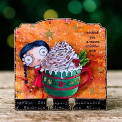 Orangene Mixed-Media-Karte 'wishing you a season sprinkled with joy' mit Mädchenfigur und Kakaotasse