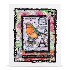 Mixed-Media-Karte mit Vogel-Motiv, bunten Farben und Textstempel