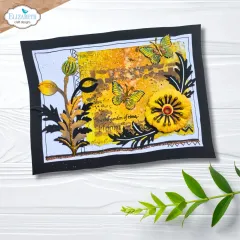 Mixed-Media-Kunstjournalseite in Gelb-Schwarz mit Mohnblüte und Schmetterlingen.