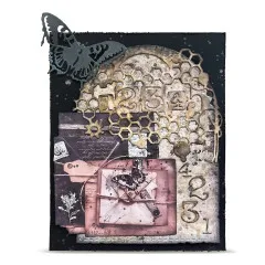 Dunkler Tag mit Schmetterling-Stanzform, Briefumschlag-Collage, Zahnrädern und der Waben-Zahlen-Stanzform