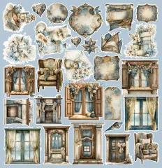 Ausgeschnittene Fenster, Türen und Möbel im Shabby Chic Winterstil