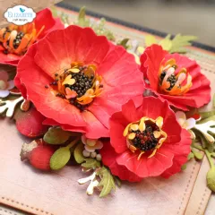 Makro-Nahaufnahme mehrerer roter Mohnblüten mit gelb-schwarzem Blütenzentrum.