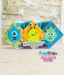 Faltkarte mit bunten Monstern, deren Augen mit Glitter Enamel Dots Eyes 1 gestaltet sind.