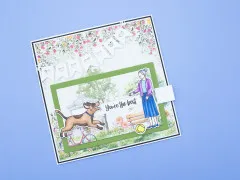 Karte mit kolorierter Großmutter- und Hundefigur im Park, You're-the-best-Schriftzug