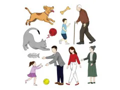 Rasteransicht kolorierter Motion-Friends-Figuren wie Hund, Katze, Kind und Großeltern