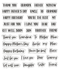 Rasteransicht der Wortstempel des Motion Friends Sets mit Grußtexten wie Happy Birthday und Thank You