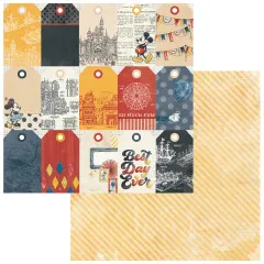 Papierseite mit Anhänger-Motiven wie Schloss, Mäusefigur und Schriftzug „Best Day Ever", Rückseite mit gelbem Diagonalstreifen.