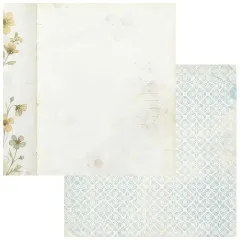 Papierseite mit gelbem Blütenrand auf cremefarbenem Grund, Rückseite mit blauem Damastmuster.