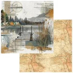 Papierseite mit Holzsteg und Zelten am See, Rückseite mit Vintage-Landkartenmuster.