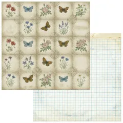 Papierseite im Briefmarken-Raster mit Mohnblumen, Wildrosen und Schmetterlingen.