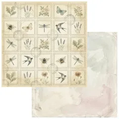 Papierseite im Briefmarken-Raster mit Schwalben, Bienen, Libellen und Lavendel.