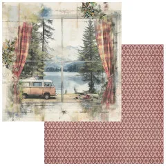 Papierseite mit Blick durch ein Vorhang-Fenster auf einen VW-Bus am See, Rückseite mit rosafarbenem Dreiecksmuster.