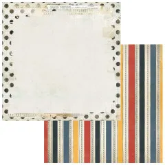 Papierseite mit gepunktetem Rand und Kassenbon-Motiv, Rückseite mit bunten Längsstreifen in Rot, Blau und Gelb.