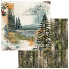 Papierseite mit Seeufer-Szene und Kiefern, Rückseite mit bemoostem Holzdielen-Muster.