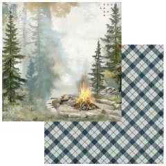 Papierseite mit lodernden Lagerfeuer im nebligen Kiefernwald, Rückseite mit blau-rotem Karomuster.