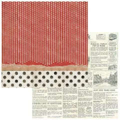 Papierseite mit cremefarbenem Punktemuster auf Rot, Rückseite mit Zeitungsartikel „Magical Family Fun & More".