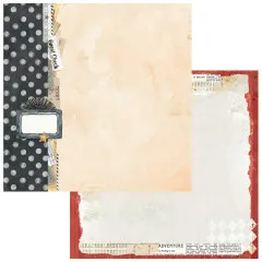 Papierseite mit schwarz-beigem Punktemuster und Eintrittsticket-Motiv, Rückseite mit zerrissenem rotem Rand auf Zeitungsdruck.