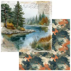 Papierseite mit gezeichnetem Seeufer, Kiefern und Schilfgras, Rückseite mit Camouflage-Muster in Orange und Petrol.