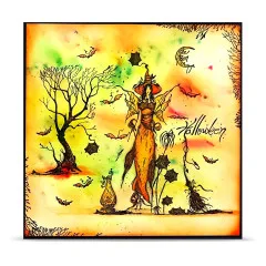 Kunstwerk mit Clear Stamps: Pumpkin Fairy in gelbem Gewand mit Fledermäusen, Mond und trockenem Baum auf orange-gelbem Hintergrund