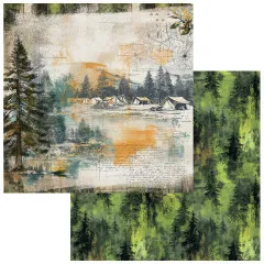 Papierseite mit gezeichnetem Zeltlager am Waldsee, Rückseite mit grünem Nadelwald-Musterdruck.