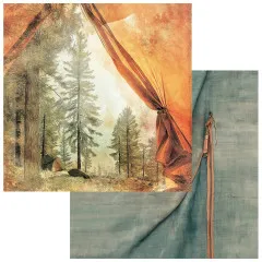 Papierseite mit orange durchleuchteter Zeltplane im Wald, Rückseite mit Stoffstruktur und Zeltreißverschluss.