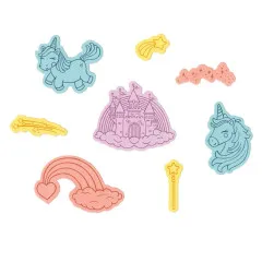 Freigestellte, farbig ausgeschnittene Einzelmotive des Sets: Einhorn stehend, Einhornkopf, Wolkenschloss, Sternschnuppe, Regenbogen mit Herz und Zauberstab