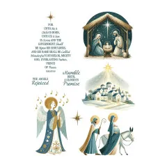 Weitere Rub-On-Motive: Krippenszene unter Sternenhimmel, weihnachtliches Bethlehem und ein singender Engel mit Notenschwarm.