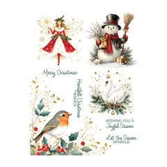 Rub-On-Motive Weihnachtsfee, Schneemann mit Besen, Rotkehlchen und Schwan mit Tannenkranz.