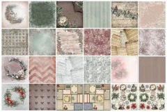 Rasterübersicht aller 24 Blätter: Poinsettien-Kränze, Vintage-Uhren, Notenblätter, Schneeflocken und Rentierschlitten-Ephemera in Rosa, Grün und Beige.