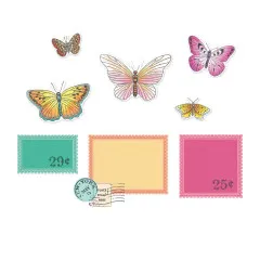 Gestempelte Schmetterlinge in Gelb, Orange und Pink sowie Briefmarken-Rahmen in Türkis, Orange und Pink