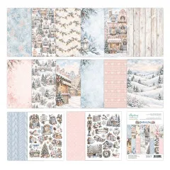 Alle Designs des 6x8 Add-On Pads Snowberry Lane: Winterhäuser, Girlanden, Strickmuster, Holz und Ausschneidebögen