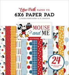 Echo Park Mouse And Me Birthday Paper Pad mit 24 doppelseitig bedruckten Bögen, Vintage-Maus-Motiv, rote Punkte, Kerzen, Sterne, Luftballons auf weißem Hintergrund