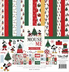 Echo Park Mouse And Me Christmas Collection Kit mit 12 bedruckten Designpapieren und Stickerbogen in Weihnachtsfarben Rot und Grün