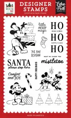 Echo Park Designer Stamps Mouse And Me Christmas Set mit Maus-Cartoons, Geschenken, Zuckerstangen, Weihnachtsbäumen und festlichen Texten wie HO HO HO auf rotem Hintergrund