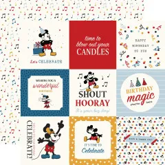Cremefarbenes Papier mit Musiknoten und Geburtstagstexten wie 'Let's Celebrate', 'Shout Hooray' und 'Birthday Magic', kombiniert mit Micky Maus Figuren