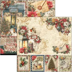 Doppelseitiger Design-Bogen mit Briefmarken-Musterrapport und Rotkehlchen-Poinsettien-Girlande