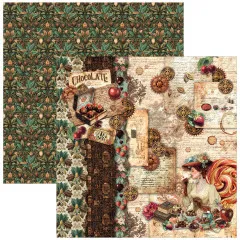Doppelseitiger Design-Bogen mit Kirsch-Rankenmuster und Kranz aus Pralinen, Bonbons und Kakaofrüchten