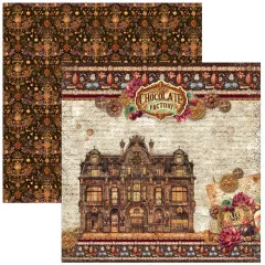 Doppelseitiger Design-Bogen mit Ornament-Damast und vier Bildfeldern mit Dame, Lolli, Chocolate-Label und Praline