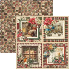 Doppelseitiger Musterbogen mit Patchwork-Symbolen und vier Bildausschnitten: Wohnzimmer, Eislaufplatz, Rotkehlchen-Fenster und Kerze
