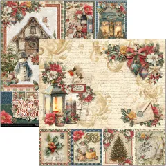 Doppelseitiger Design-Bogen mit Weihnachtsshop-Fassade, Briefkasten-Teddy und goldener Schreibschrift-Seite
