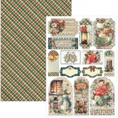 Musterpapier mit Beeren auf Rot und Ephemera-Etiketten mit Schleife, Glockenmusik-Motiv und Teddybär am Weihnachtsbaum