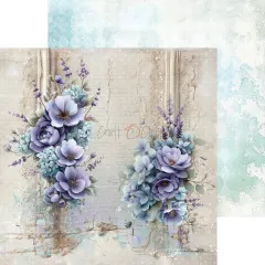 Musterpapier mit zwei blau-lila Blumensträußen auf Wand mit Schreibschrift-Textur, Rückseite mintfarbenes Rautenmuster