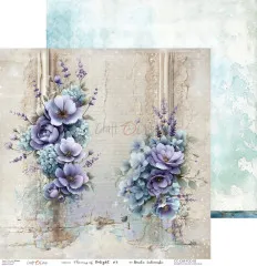 Musterpapier mit zwei blau-lila Blumensträußen auf Wand mit Schreibschrift-Textur im 30,5cm-Format