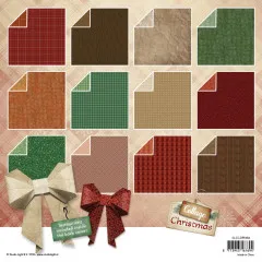12 doppelseitige 8x8-Musterdesigns (Karo, Holzmaserung, Steinoptik, Strick) sowie zwei Anleitungs-Faltschleifen aus Papier.