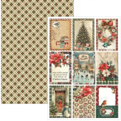 Musterpapier mit Mistelzweigen auf Creme und Ephemera-Karten mit Grammophon, Rotkehlchen und Teddybär mit Geschenken