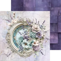 Musterpapier mit türkisfarbenem Ovalrahmen und Blumenstrauß auf Zeitungspapier-Hintergrund im 20,3cm-Format